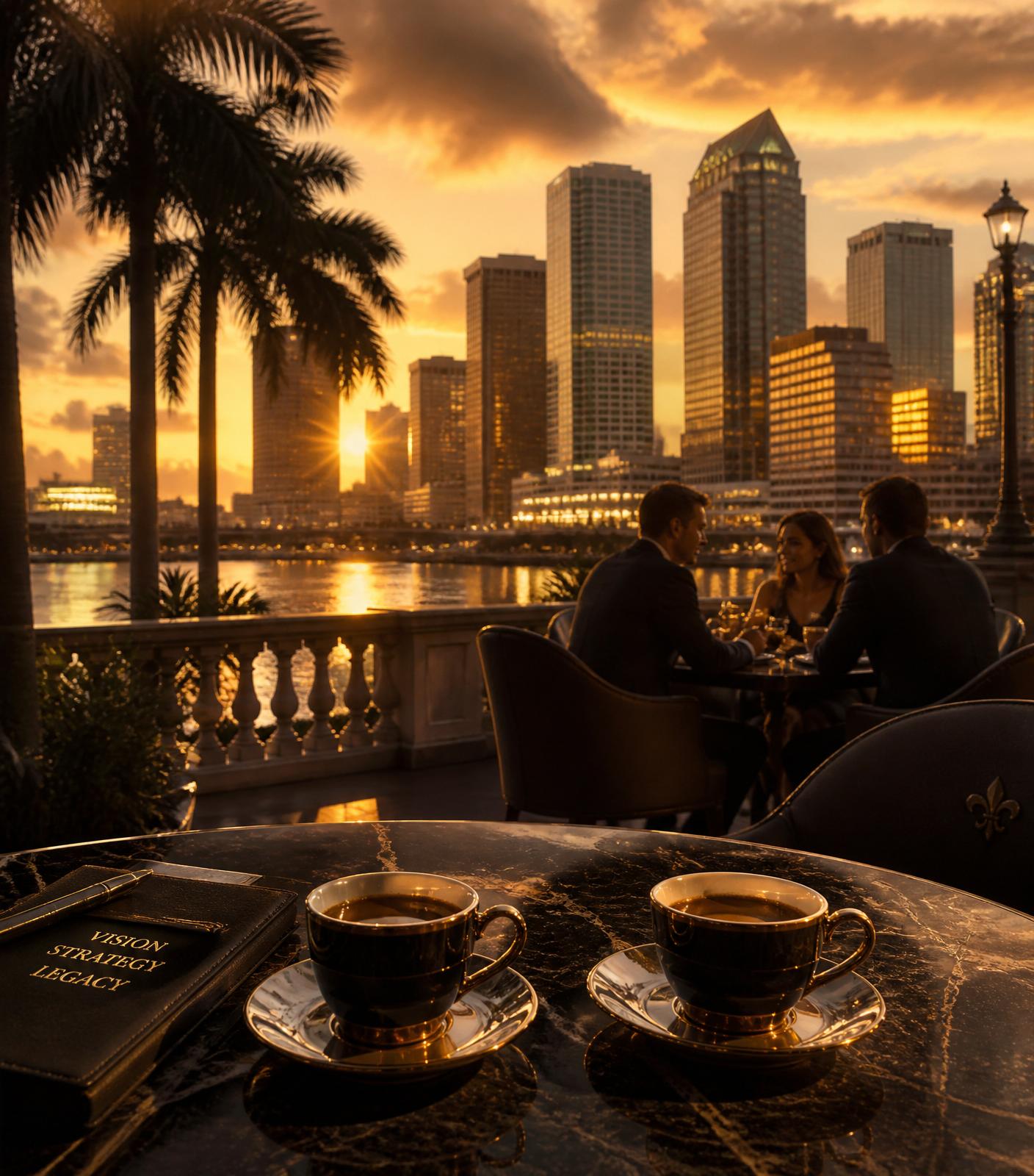 Espresso on a Tampa waterfront terrace at golden hour
